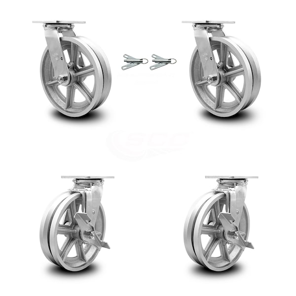 8 Inch V Groove Semi Steel Caster Set with Ball Bearings 2 Swivel Lock 2 Brake